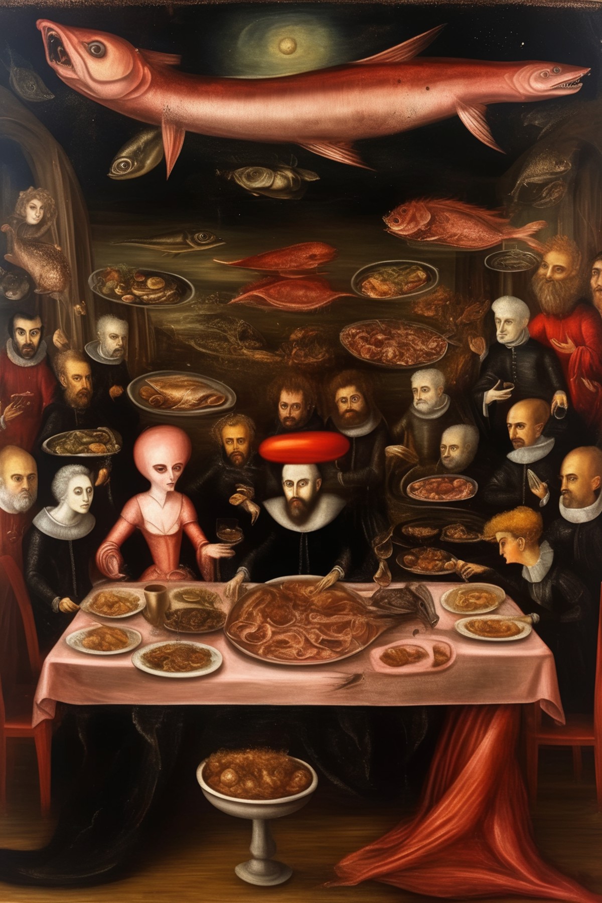 <lora:Leonora Carrington Style:1>Leonora Carrington Style - a Tintoretto painting depicting a dinner table but full of sur...